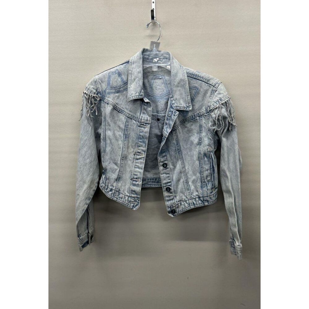 Vintage Acid Wash Fringed Cropped Denim Jacket Western Style Size M 80s 90s
